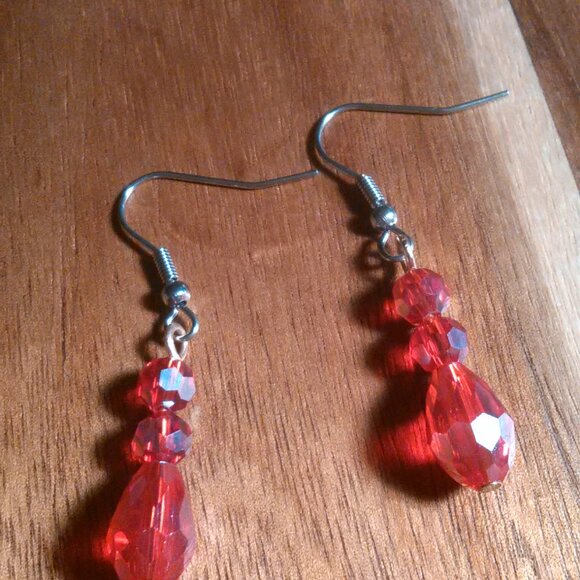 Beveled Red Glass Three Stone Silvertone and Stainless Steel Dangle Earrings - Picture 7 of 11